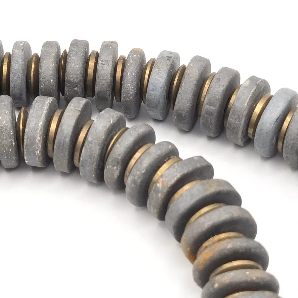 Vintage‎ Gray Cast Stone Disc and Sphere Bead Necklace with Brass Spacers 20